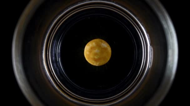 Time Lapse Orange Chocolate Button Dissolving Water Glass — Stock Video