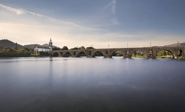 Міст Понте Ліма Церквою Під Час Заходу Сонця Річка Ліма — стокове фото
