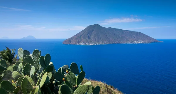 Lipari kıyılarında kaktüs manzaralı gün boyunca Salina volkanı, Sicilya İtalya