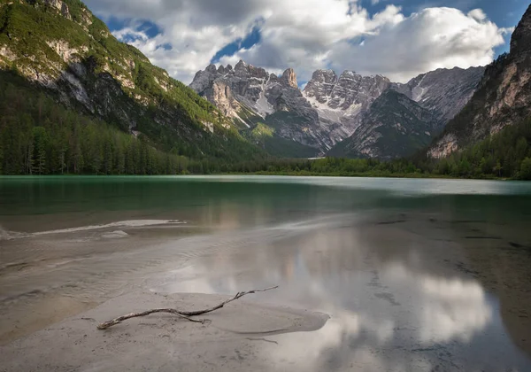 Tyrkysově Zbarvené Jezero Duerrensee Výhledem Pohoří Christallo Dolomitských Alpách Větev — Stock fotografie