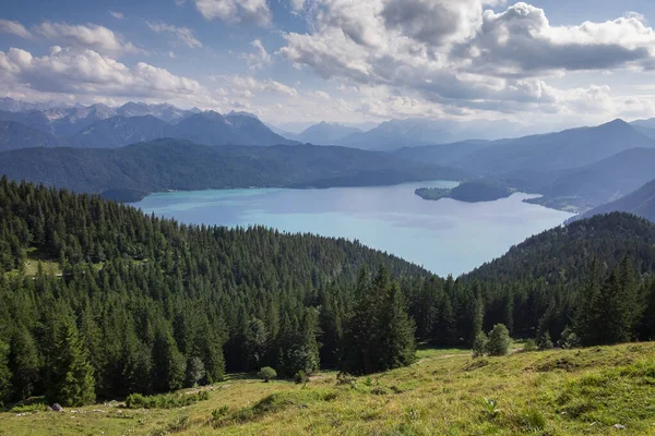 Γαλαζοπράσινη Λίμνη Walchensee Από Ψηλά Δάσος Βουνά Και Σύννεφα Βαυαρία — Φωτογραφία Αρχείου