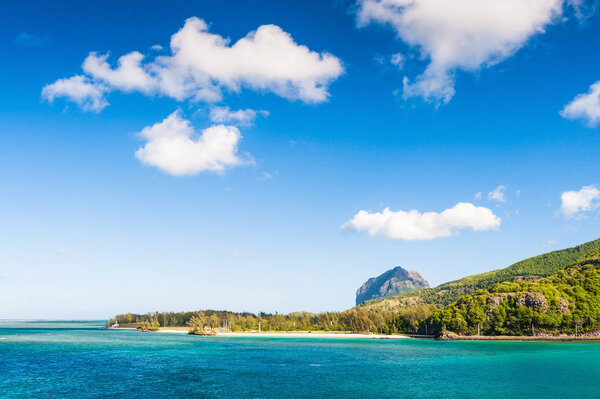 Beautiful seascape with a mountain of Le Morne Brabant in the background. Mauritius Island