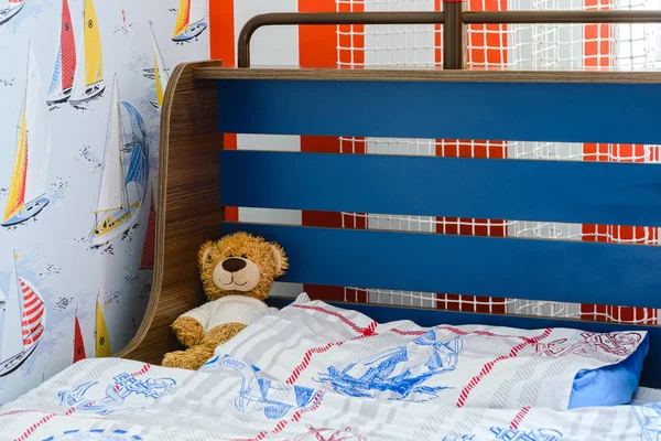 Fragment Interior of modern children's room with red furniture and toys — Stock Photo, Image