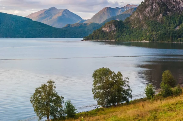 Meleg nyári este a tó hátterében a hegyekben. Norvégia — Stock Fotó
