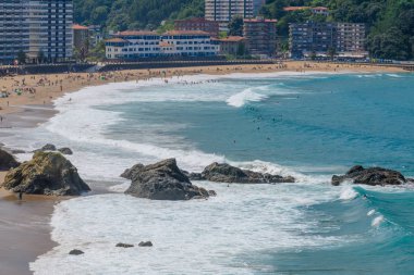 Bakio köyünün manzaralı bir manzarası var. Bask ülkesi. Kuzey İspanya