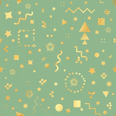 Trendy geometrik öğeleri memphis kartı. Dikişsiz memphis desen doku ve kartpostal için. Hipster poster, altın renkli arka planı. Parlak zemin. Vektör çizim