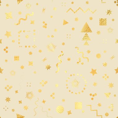 Trendy geometrik öğeleri memphis kartı. Dikişsiz memphis desen doku ve kartpostal için. Hipster poster, altın renkli arka planı. Parlak zemin. Vektör çizim