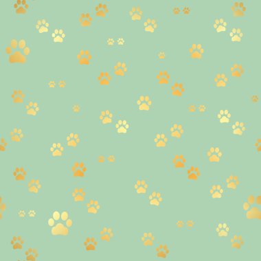 Köpek altın pençe izleri. Dikişsiz desen hayvan altın ayak izi. Köpek pençe baskı seamless modeli. Vektör çizim
