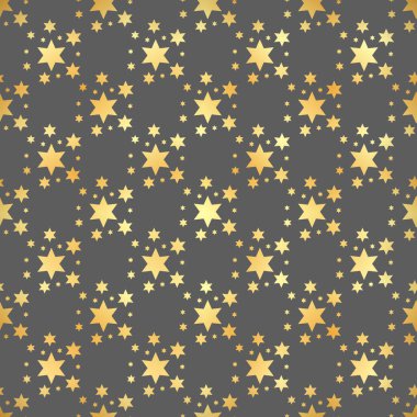 Altın yıldız seamless modeli. Soyut siyah modern seamless modeli altın konfeti yıldız ile. Vektör çizim. Parlak arka plan. Altın folyo doku.