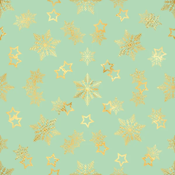 Estrella de oro y patrón inconsútil de copo de nieve de oro. patrón sin costuras con estrellas de confeti de oro y copo de nieve. Ilustración vectorial. Fondo brillante. Patrón sin costuras de lujo con copos de nieve de oro y estrellas — Vector de stock