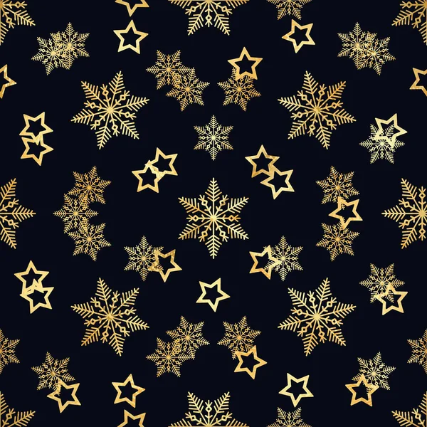 Złota gwiazda i złoto śnieżynka Seamless Pattern. wzór gwiazdek złotym konfetti i śnieżynka. Ilustracja wektorowa. Błyszczącym tle. Jednolity wzór luksusowych złote płatki śniegu i gwiazdy — Wektor stockowy