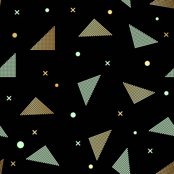 Abstract seamless repeating pattern with triangles in gold glitter and black on black background. — Stock Vector