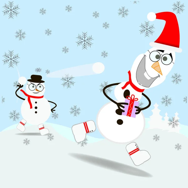 Snowman steal gift. Two snowmen having a snowball fight. — Stock Illustration Snowman steal gift. Two snowmen having a snowball fight. Royalty Free Stock Illustrations
