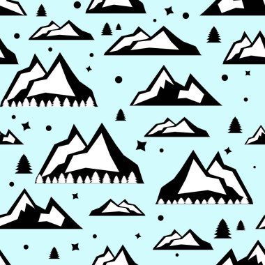 Seyahat vektör çizim karikatür seamless modeli ile. Siyah ve beyaz doodle tarzı. Resimde dağ zirveleri ile sona grafik öğeleri