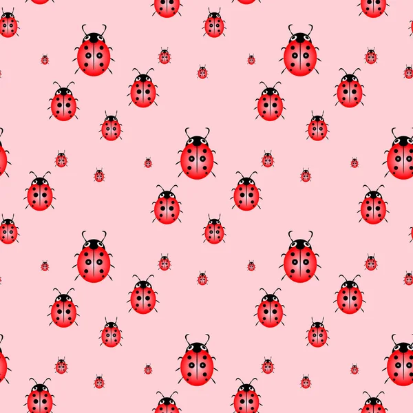 Seamless vector pattern with insects, chaotic background with bright close-up ladybugs, over light backdrop — Stock Vector