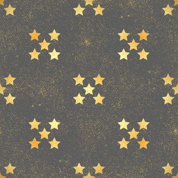 Patrón inconsútil estrella dorada. Abstracto patrón moderno oscuro sin costuras con estrellas de confeti de oro. Fondo brillante. Textura de lámina de oro . — Vector de stock