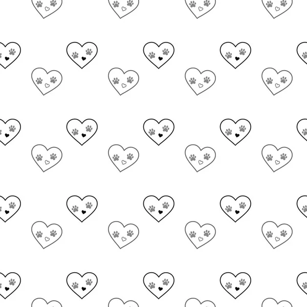 Dog paw print in heart seamless pattern. Traces of Cat Textile line heart Pattern. Cat footprint seamless pattern. Vector seamless — Stock Vector