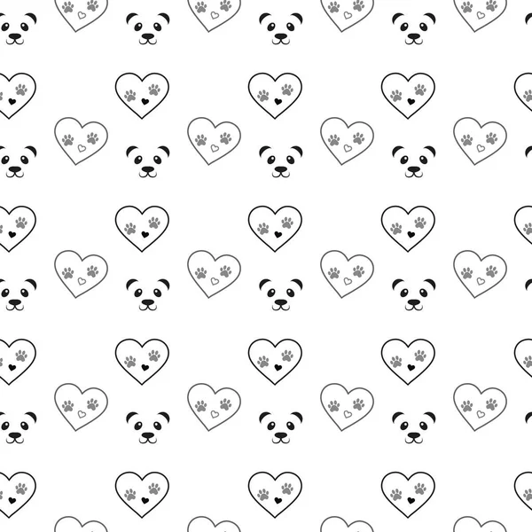 Patte de chien imprimé en motif coeur et panda sans couture. Traces de chat ligne textile coeur noir motif panda. Empreinte chat motif sans couture. Vecteur sans couture — Image vectorielle