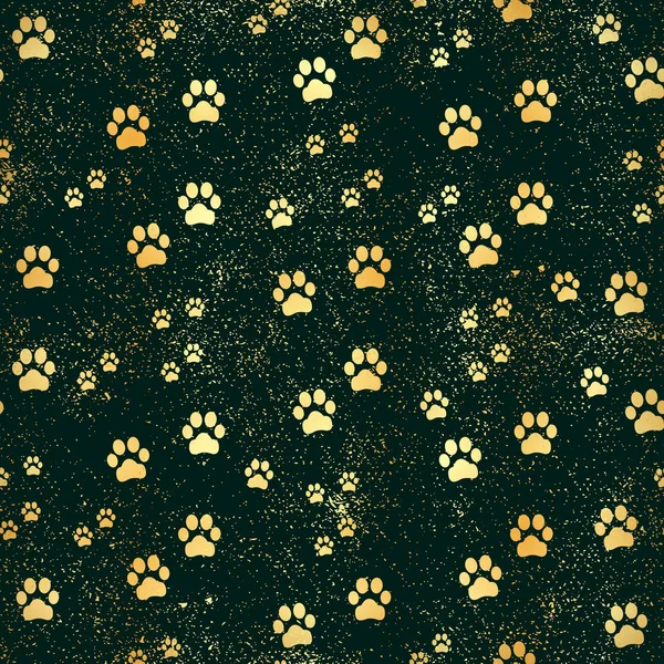 Gouden Paw print naadloze patroon. Naadloze patroon van dierlijke gouden voetafdrukken. Hond paw print naadloze patroon op gouden achtergrond — Stockvector