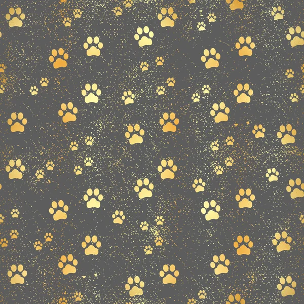 Gold Paw print seamless pattern. Seamless pattern of animal gold footprints. Dog paw print seamless pattern on gold background