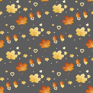 Vektör Dikişsiz desen renkli sonbahar yaprakları ve kalp ile. Çeşitli kırmızı, turuncu ve sarı renkli yapraklarda ışık arka plan gri. Modern yaprak doku eps 10