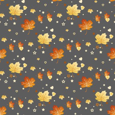 Vektör seamless modeli ile renkli sonbahar yaprakları, yıldız ve kalp. Çeşitli kırmızı, turuncu ve sarı renkli yapraklarda ışık arka plan gri. Modern yaprak doku