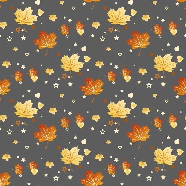 Patrón sin costura vectorial con hojas de otoño coloridas, estrellas y corazón. Varias hojas rojas, naranjas y amarillas sobre fondo gris claro. Textura de hoja moderna — Vector de stock