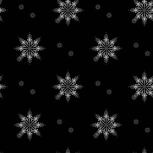 Patrón de Navidad sin costuras negro con diferentes copos de nieve cayendo — Vector de stock