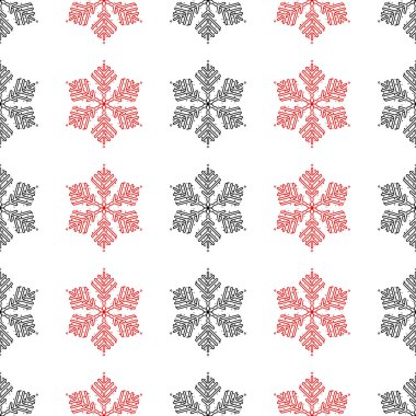 Basit, pürüzsüz bir kar tanesi. Beyaz arka planda siyah ve kırmızı kar. Soyut duvar kâğıdı, ambalaj dekorasyonu. Kışın sembolü, Mutlu Noel tatili, Mutlu Yıllar Kutlama Vektörü