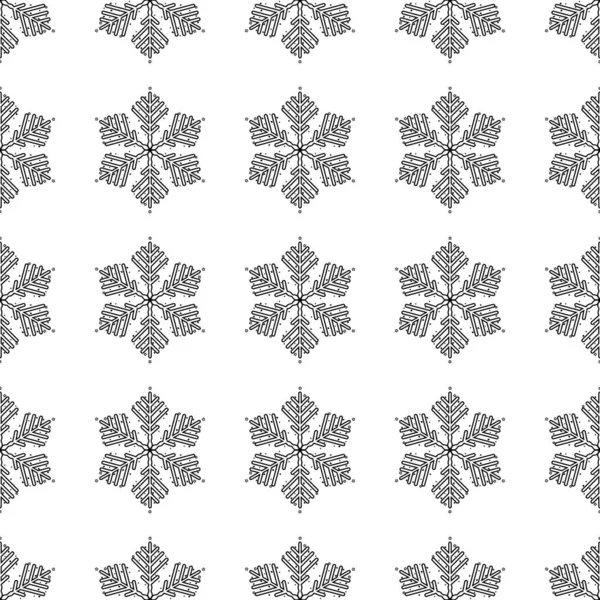 スノーフレークシンプルなシームレスパターン。白い背景に黒い雪。抽象的な壁紙、ラッピング装飾。冬のシンボル、メリークリスマス休暇、新年のお祝いベクトルイラスト — ストックベクタ