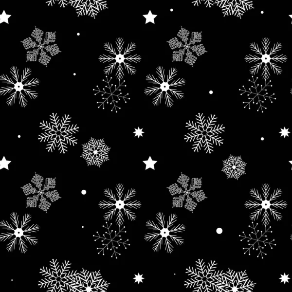 Czarny bezszwowy wzór Bożego Narodzenia z różnych płatków śniegu spada — Wektor stockowy
