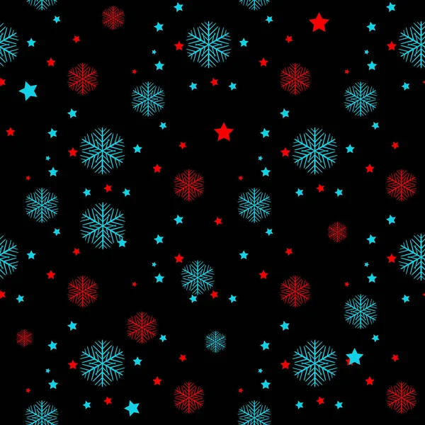Sin costuras un fondo con copos de nieve en color azul y rojo sobre fondo negro eps 10 — Vector de stock