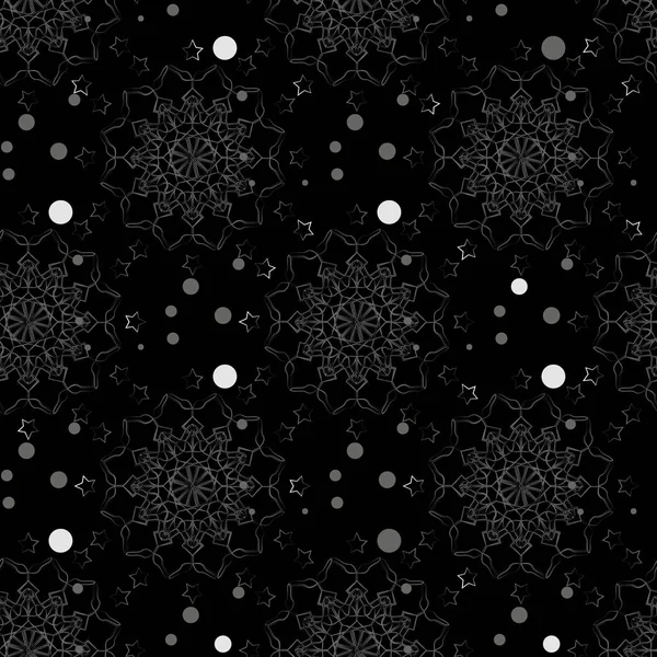 Vektorové sněhové vločky pozadí. Jednoduché Vánoce a Nový rok bezproblémový vzor se sněhem, různé malé bílé sněhové vločky na černém pozadí. Téma zimních prázdnin. Roztomilý opakující se dekorativní design ep — Stockový vektor