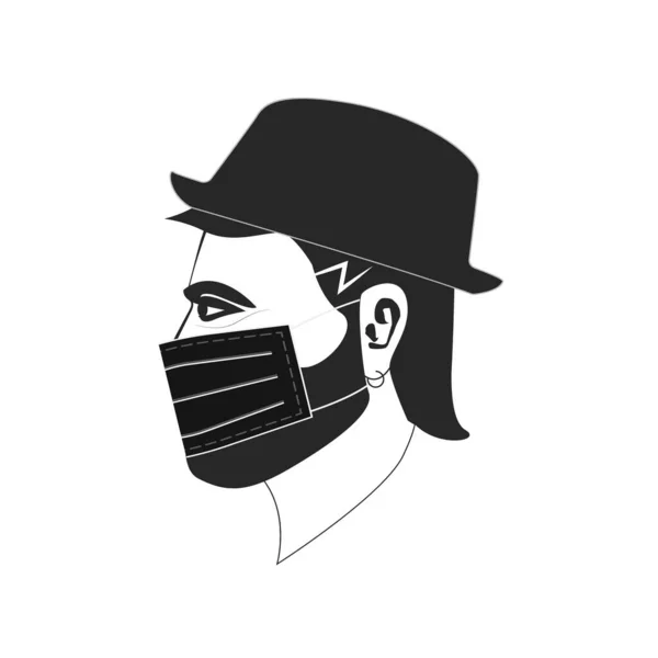 Rosto Homem Como Ilustração Com Máscara Proteção Contra Vírus Chapéu —  Vetores de Stock