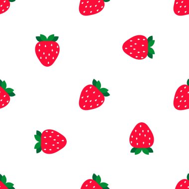 Kusursuz desenli, beyaz arka bahçesinde yaprak olan şirin çilek. Vektör çizimi. eps10