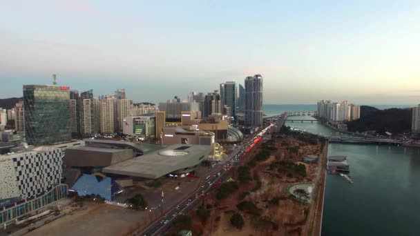 Sonnenuntergang Der Centum City Haeundae Busan Luftaufnahme Des Sonnenuntergangs Der — Stockvideo