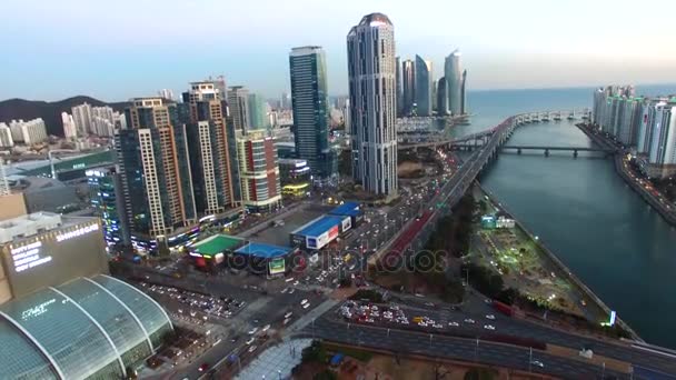 Захід Сонця Centum Міста Haeundae Пусан Антена Подання Захід Сонця — стокове відео