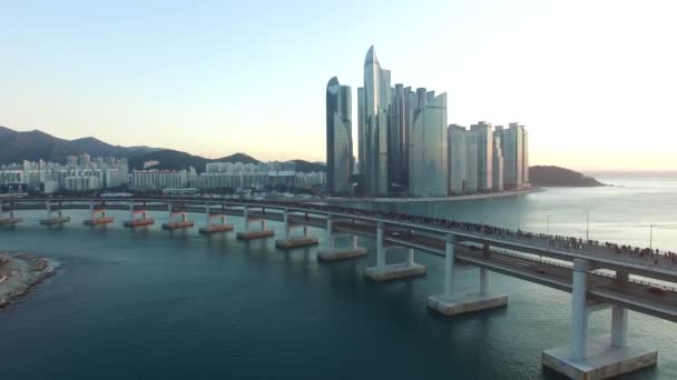 Aerial View Solen Stiga Gwangan Bridge När Nyåret Busan Antenn — Stockvideo