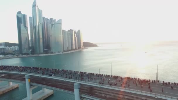Εναέρια Προβολή Sun Rise Της Gwangan Γέφυρα Όταν Νέο Έτος — Αρχείο Βίντεο