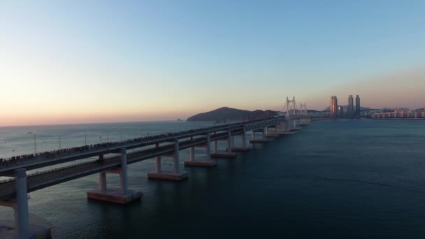 Vista Aérea Sun Rise Gwangan Bridge New Year Busan Aerial — Vídeos de Stock