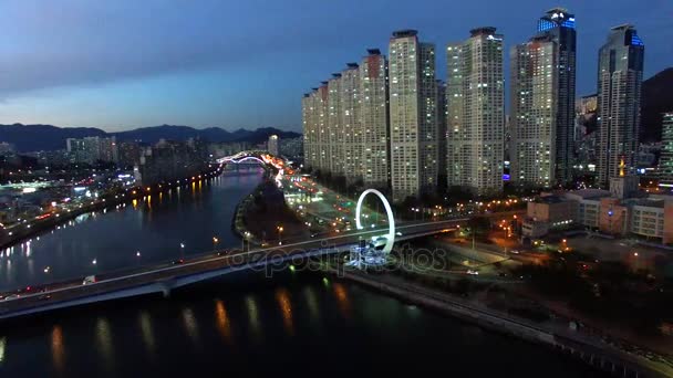 Puesta Del Sol Centum City Haeundae Busan Vista Aérea Puesta — Vídeos de Stock