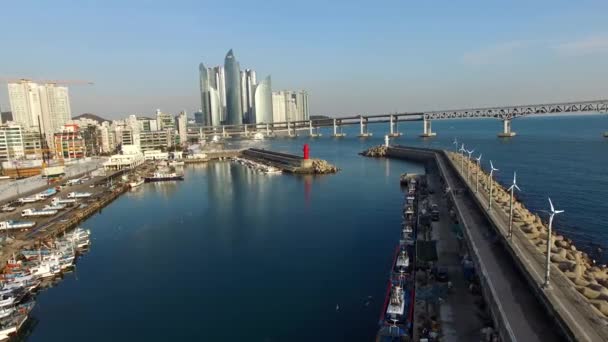 水踰ポートは海雲台の間に位置する 広安里 水踰ポートと 2018 水踰ポートは 広安里や海雲台の間に位置します 小さな港と つの灯台 — ストック動画