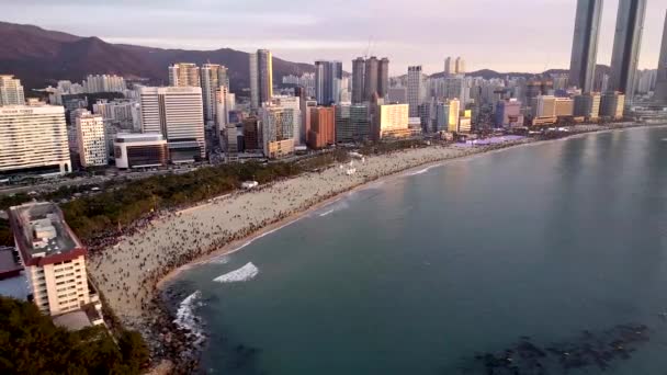 Flygfoto Över Soluppgången Haeundae Beach Vid Nyår Busan Sydkorea Asien — Stockvideo