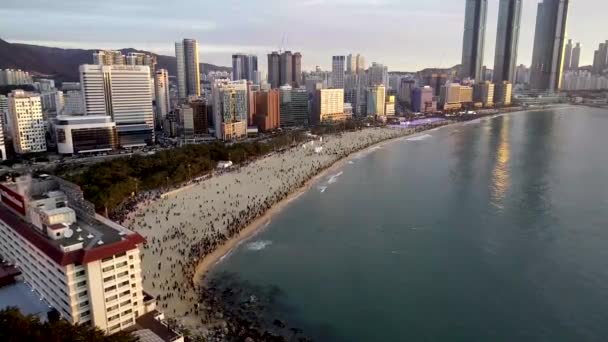 Flygfoto Över Soluppgången Haeundae Beach Vid Nyår Busan Sydkorea Asien — Stockvideo