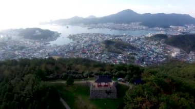 Aerial View of Bukporu Pavilion North Gate of Tongyeong, Gyeongnam, South Korea, Asia.