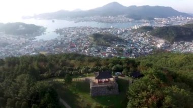 Aerial View of Bukporu Pavilion North Gate of Tongyeong, Gyeongnam, South Korea, Asia.