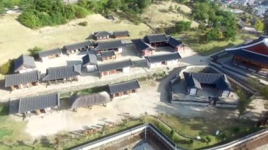 Aerial View of Korean Traditional House in Tongyeong, Gyeongnam, South Korea, Asia.