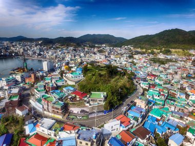 Aerial View of Dongpirang Mural Village of Tongyeong, Gyeongnam, South Korea, Asia