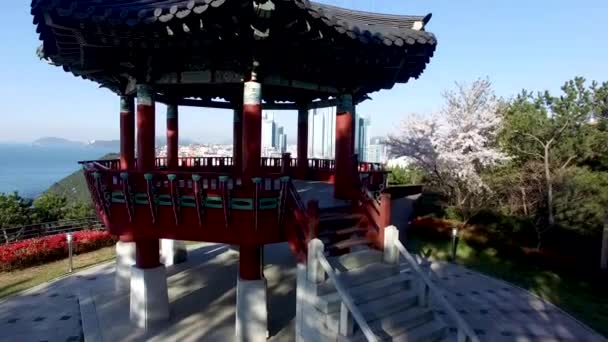 Flygfoto Över Haemaru Paviljong Och Cheongsapo Port Haeundae Busan Korea — Stockvideo