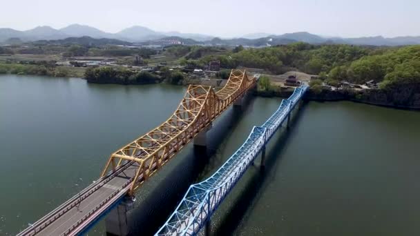 Luchtfoto Van Yuchae Canola Bloemenfestival Namji Changnyeong Gyeongnam Zuid Korea — Stockvideo